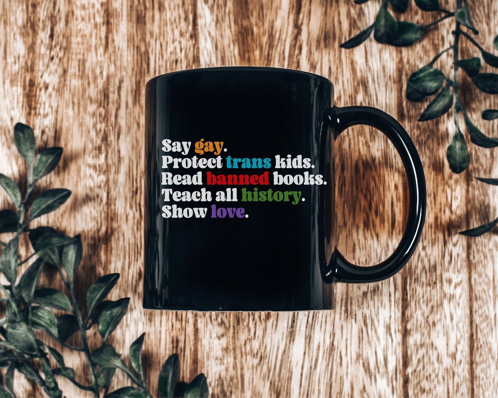 Black mug with rainbow text that says "say gay. protect trans kids. read banned books. teach all history. show love."