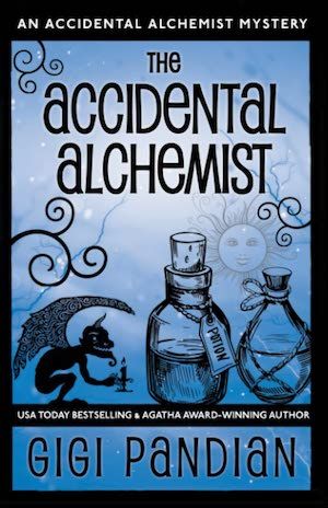 cover of The Accidental Alchemist by Gigi Pandian; black line illustration of a gargoyle and bottles