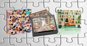 three bookish puzzles against a background of white puzzle pieces