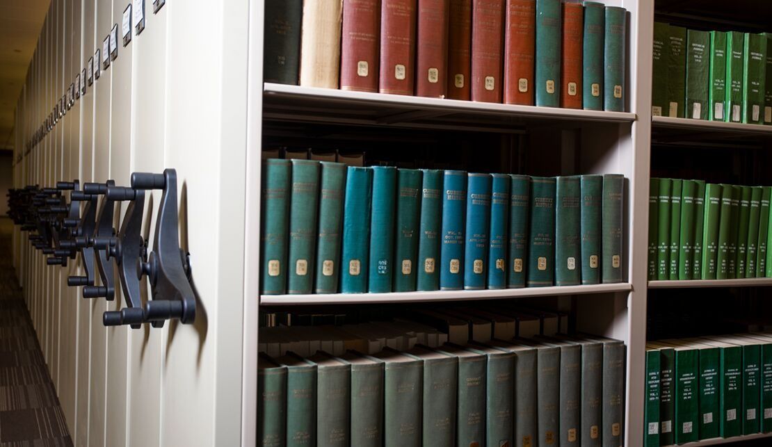 A series of high density movable shelves commonly used in archives.