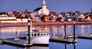 a boat dockeda boat docked at water's edge outside Provincetown, Massachusetts