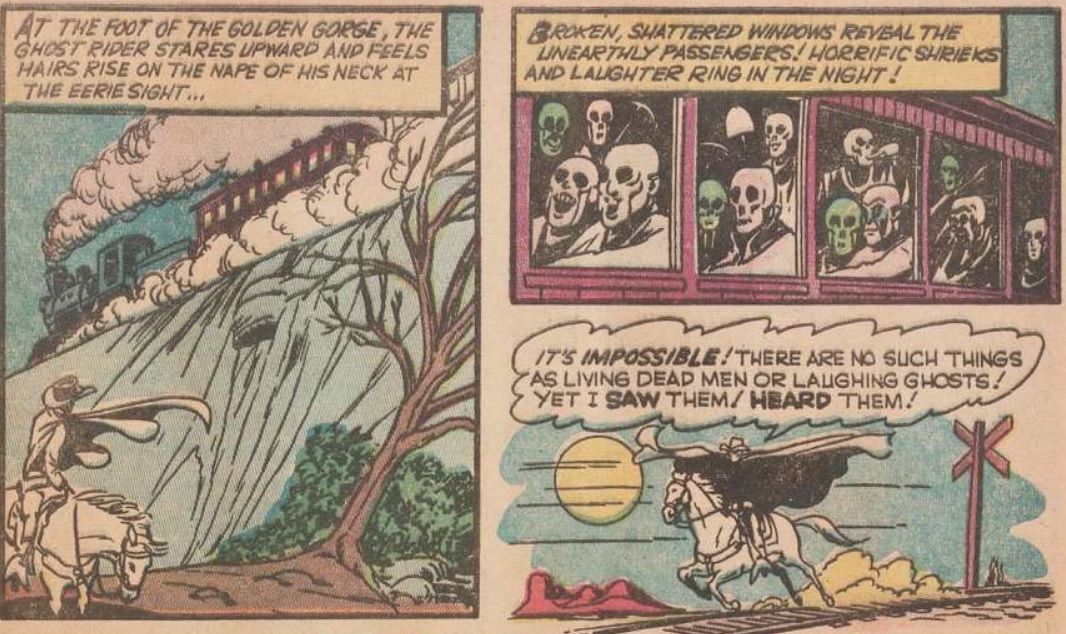 A train filled with ghostly faces passes by. Ghost Rider chases the train while professing "there are no such things as" ghosts.