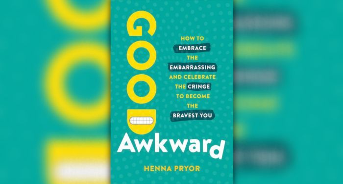 a centered photo of the Good Awkward book cover against a background of the same colors