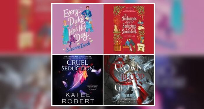 Audio book covers of Cruel Seduction by Katee Robert, Every Duke Has His Day by Suzanne Enoch, Crown of Blood and Glass by Lucinda Dark and Rebecca Gray, and A Nobleman's Guide to Seducing a Scoundrel by K-J Charles