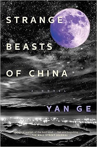 cover of Strange Beasts of China by Yan Ge; b&w image looking out over the lights of a city in a valley with a large purple moon hanging in the sky