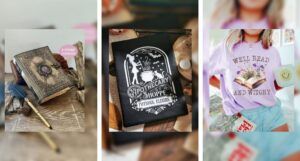 tryptic image of witchy bookish items