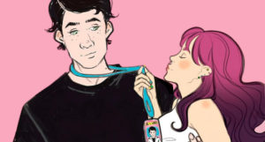 a cropped cover of Love on the Brain showing an illustration of white woman with pink hair in the arms of a white man with black hair as she pull on his lanyard and tries to kiss him