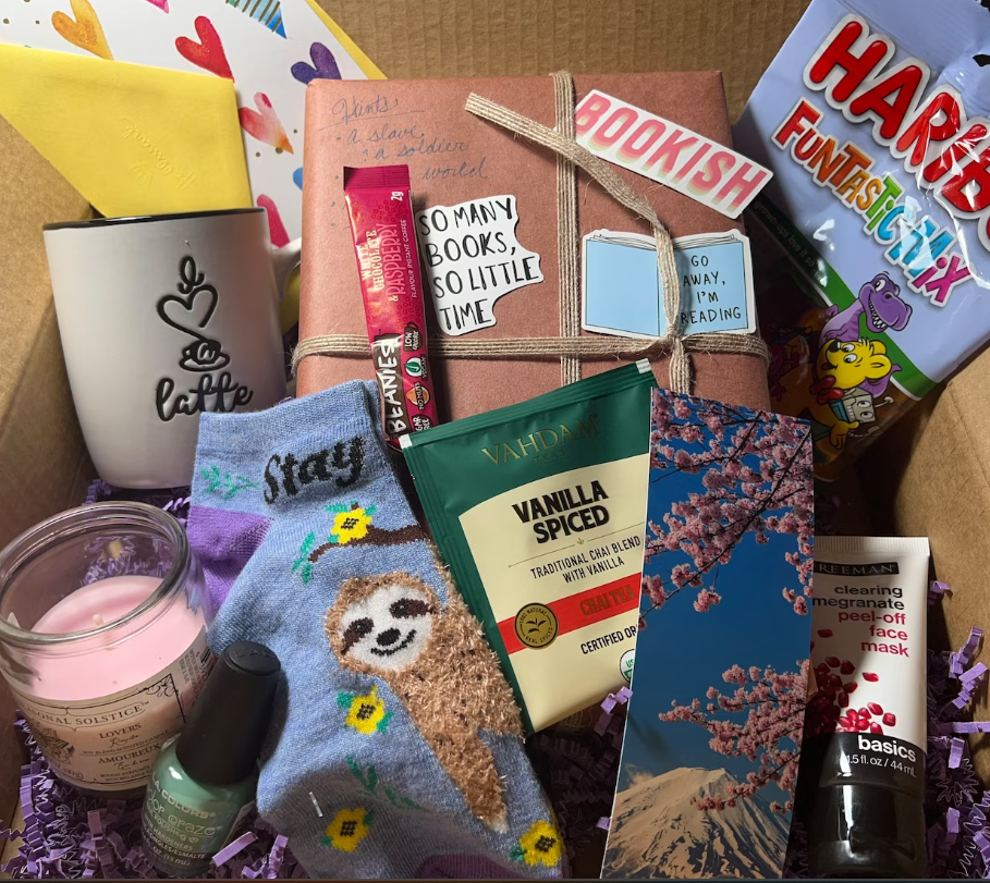 book mystery box with cozy treats