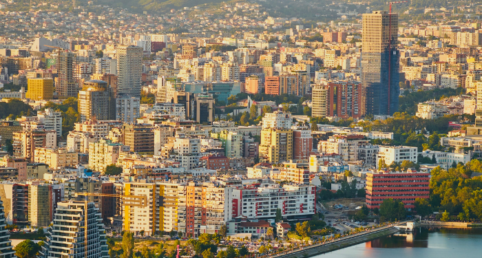 a photo of a city skyline from above