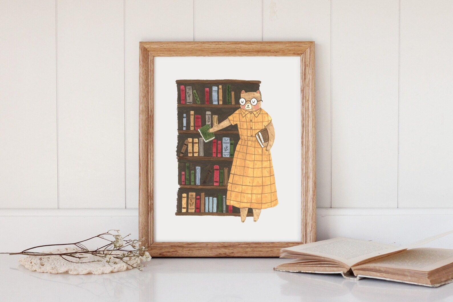 print featuring a librarian bear. 