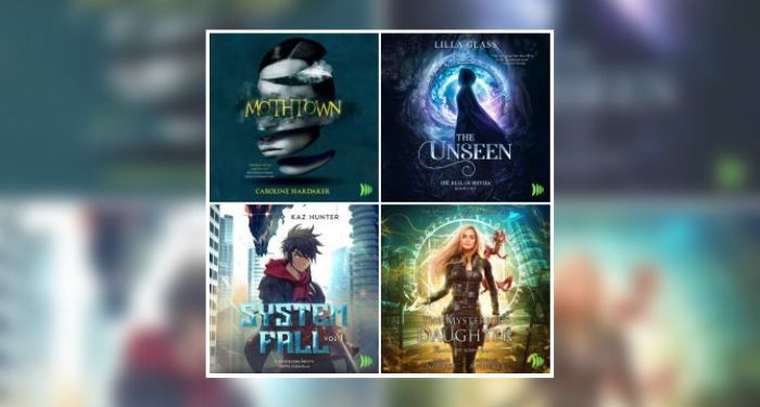 Audio book covers of The Unseen by Lilla Glass, System Fall by Kaz Hunter, Mothtown by Caroline Hardaker, and The Mysterious Daughter by Sarah Noffke and Michael Anderle