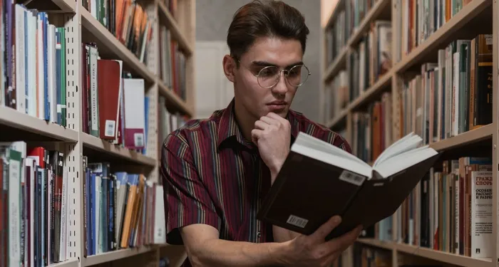 a fair-skinned man reading a book in between library shelves