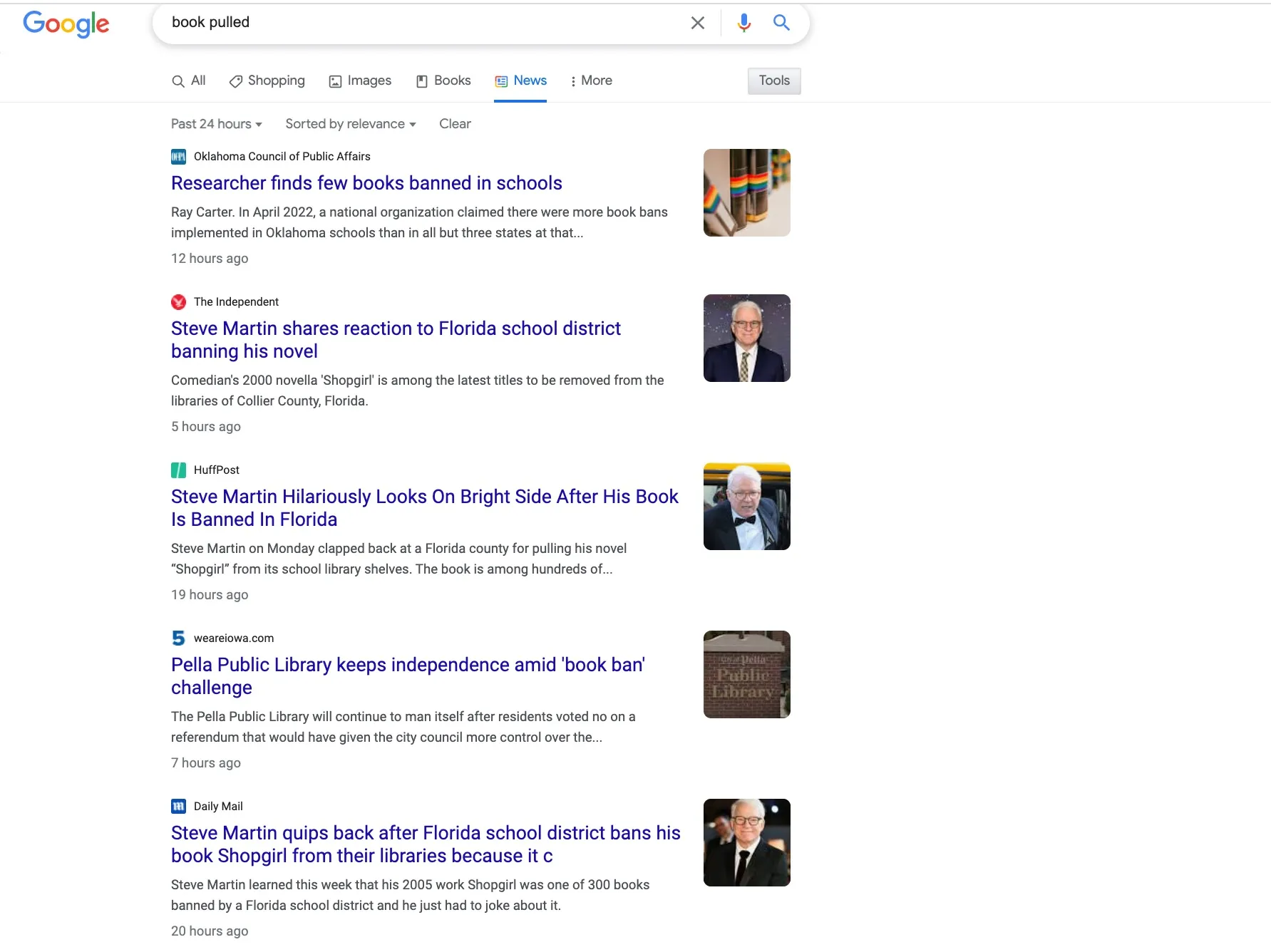 Google results for the terms book pulled with stories about steve martin's response.