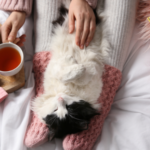 a photo of someone drinking tea with a book beside them, petting a cat's tummy