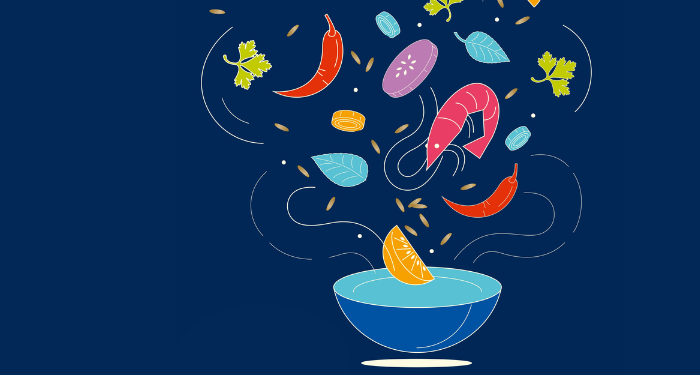 a cropped cover of Thai Home Cooking showing an illustration of ingredients like shrimp and vegetables falling into a bowl