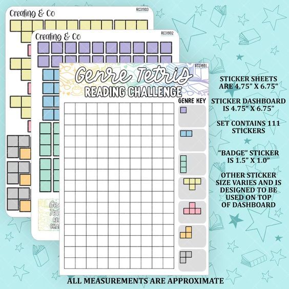 a set of three stickers, showing a blank Tetris board and then several different shapes made of small squares. There is a place to record a genre for each shape and a title that reads genre tetris reading challenge 