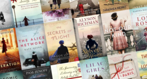 a collage of historical fiction covers all showing women with their backs to the reader