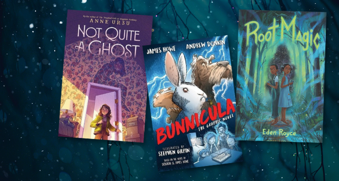 a collage of three middle grade horror novel covers against a dark forest background