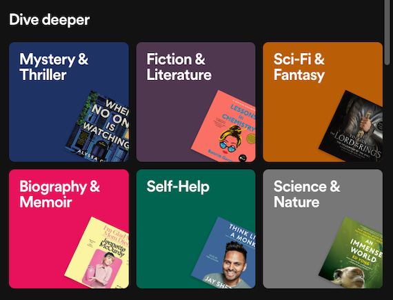 screenshot of genre categories in Spotify Audiobooks on the web app