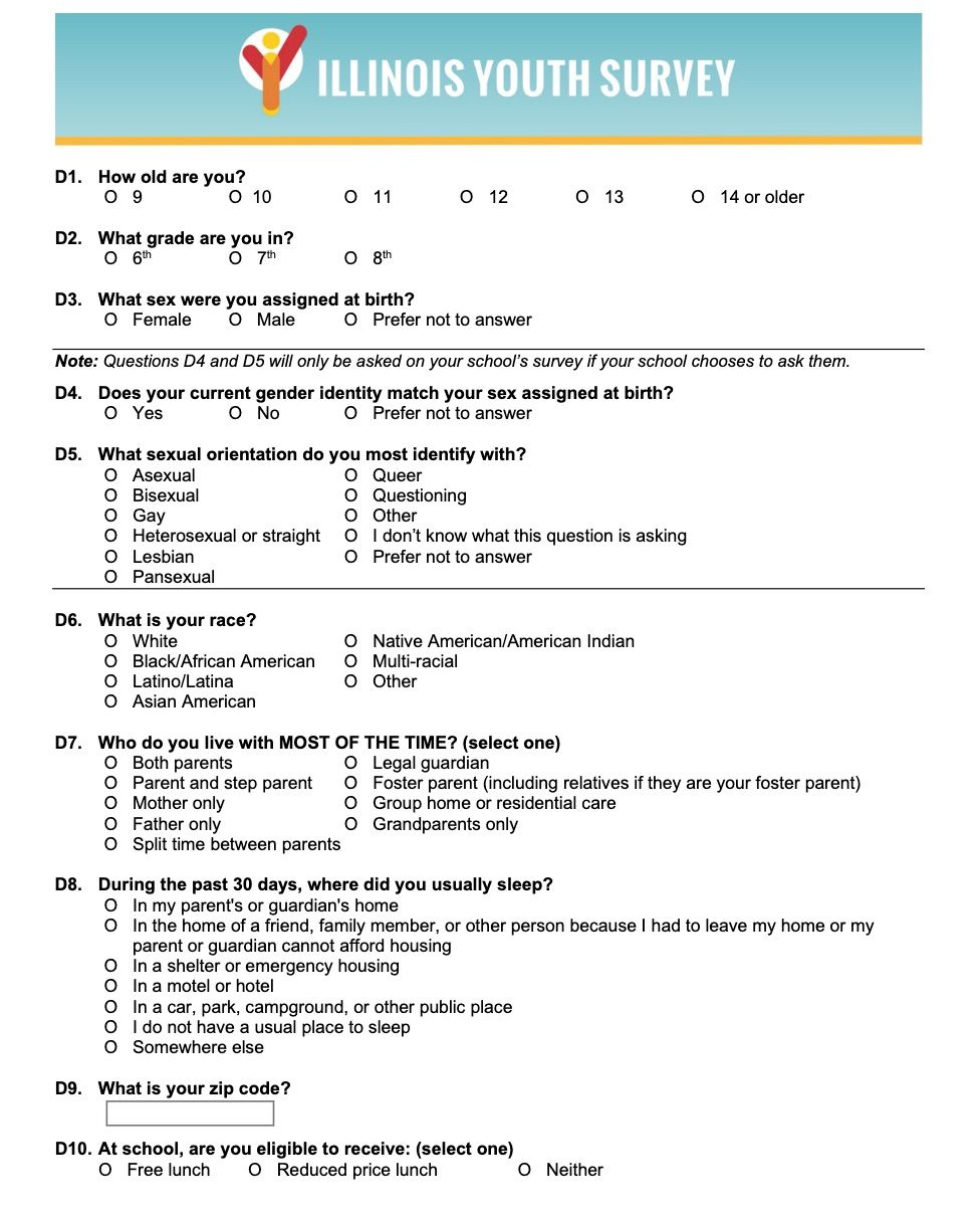 Image of the Illinois Youth Survey's first page. 