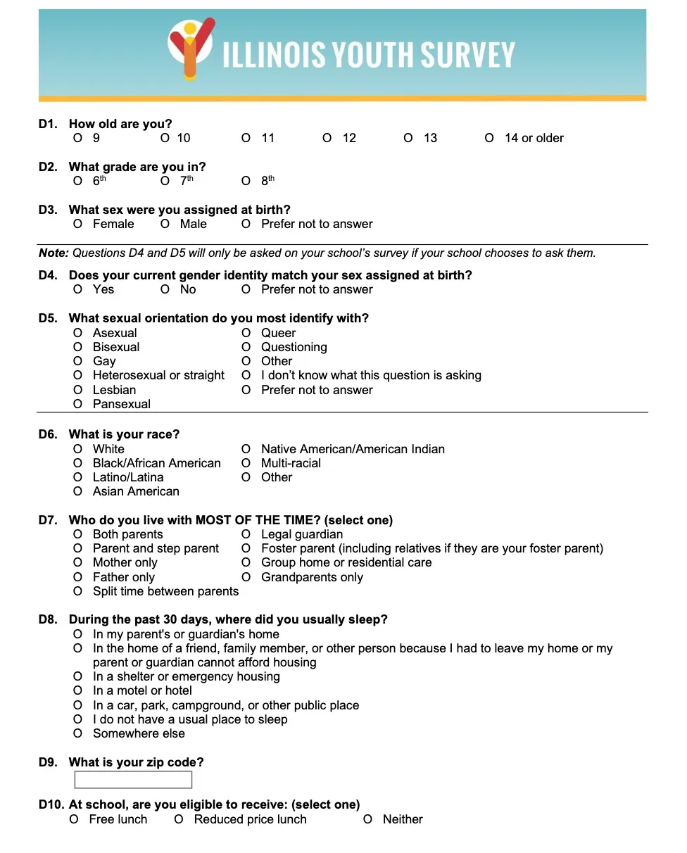 Image of the Illinois Youth Survey's first page. 