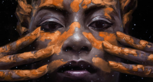 Binti cover, cropped to show a Black woman's face as she applies paint with her fingers