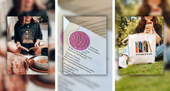 collage of three Latine bookish gifts: a concha bookmark, a tshirt with the words "un capitulo mas," and a note bag with the words, "ni de aqui ni de alla"