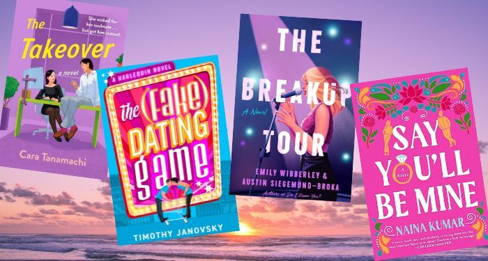 covers of four new romance reads to read on the beach in 2024