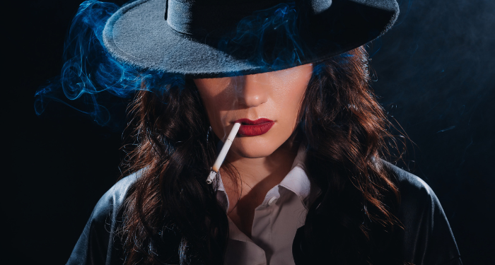 a photo of a noir detective woman smoking