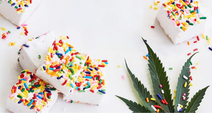 cropped cover of Edibles showing marshmallows with sprinkles and a weed leaf to the side