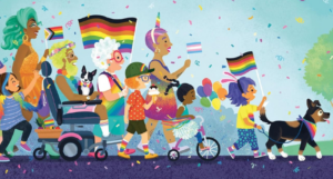 cropped cover of Pride Puppy, showing an illustration of a Pride parade following a dog