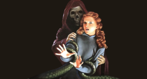 cropped cover of The Ashton Horror showing an illustration of a young woman being grabbed from behind by a masked figured while tentacles ensnare their wrists