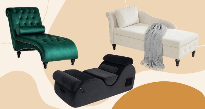 a collage of chaise lounges against an abstract background