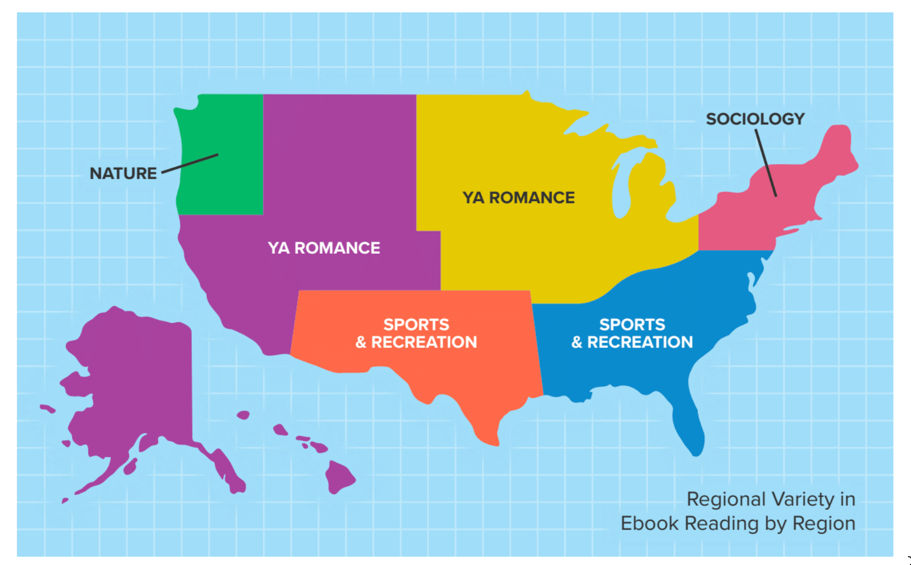 Overdrive's regional differences in genre preferences map.