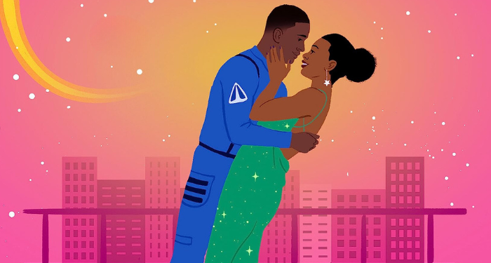 a cropped cover of The Kiss Countdown showing a Black man in an astronaut uniform and a Black woman in a sparkly green gown embracing