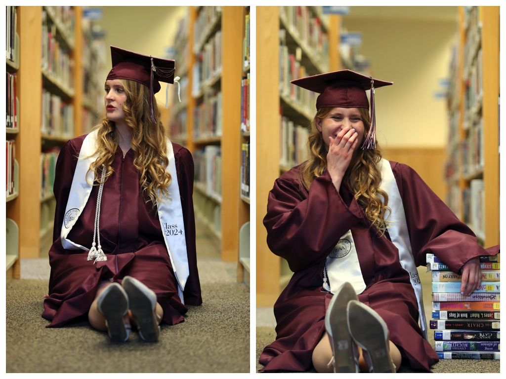 two images of annabelle at the library. 