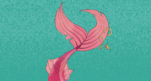 cropped cover of Mermaids Never Drown showing a pink fin with a piercing and fishhook