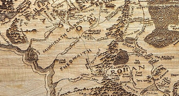 closeup of cutting board engraved with a map of Middle Earth