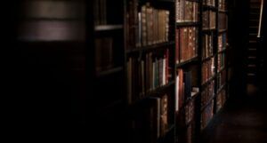 shelves in a darkly lit library