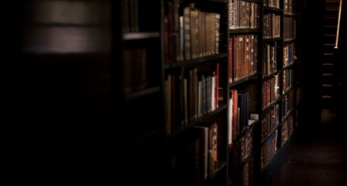 shelves in a darkly lit library