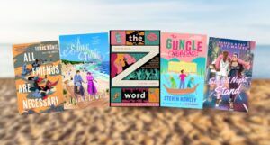 five covers of LGBTQ beach reads of 2024 with a blurred image of sand at a beach in the background