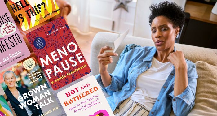 graphics of five covers of books on perimenopause and menopause next to a Black woman fanning herself with a piece of paper