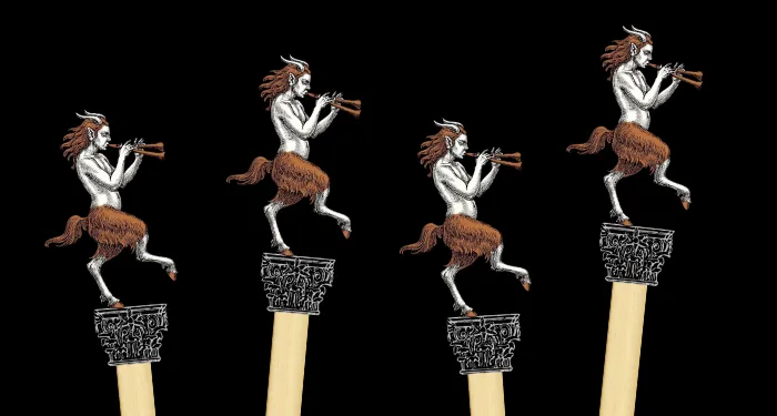 the faun illustration from the cover of Piranesi cut out on a popsicle stick