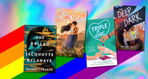 a collage of new queer book covers against a rainbow background