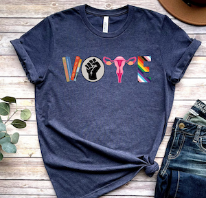 tshirt with the word vote where every letter is a symbol for banned books, repo rights, activism on etsy by by CuTeesCustomShirts 