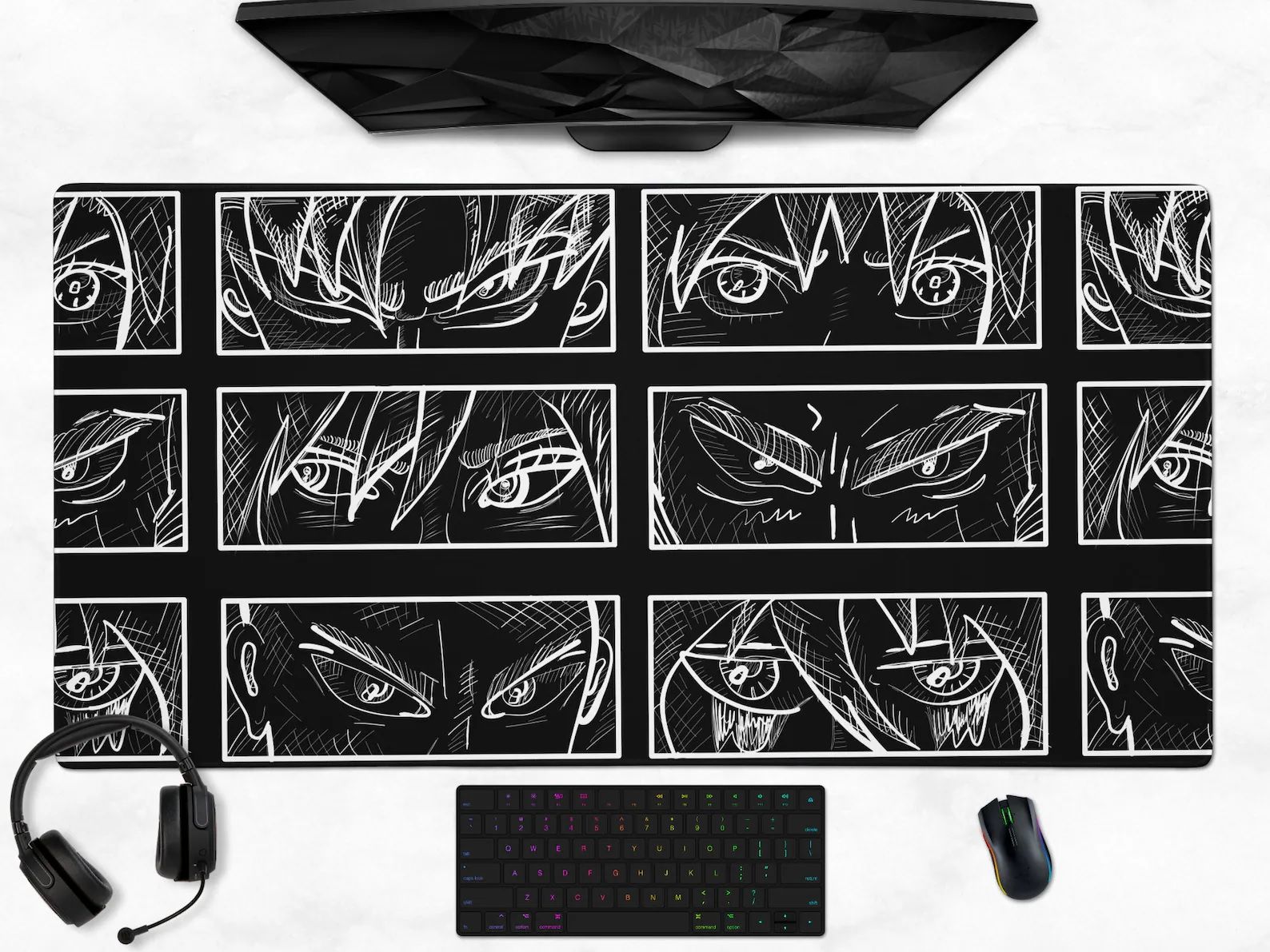 A large black gaming mat featuring white panels that contain white sketches of anime-style eyes