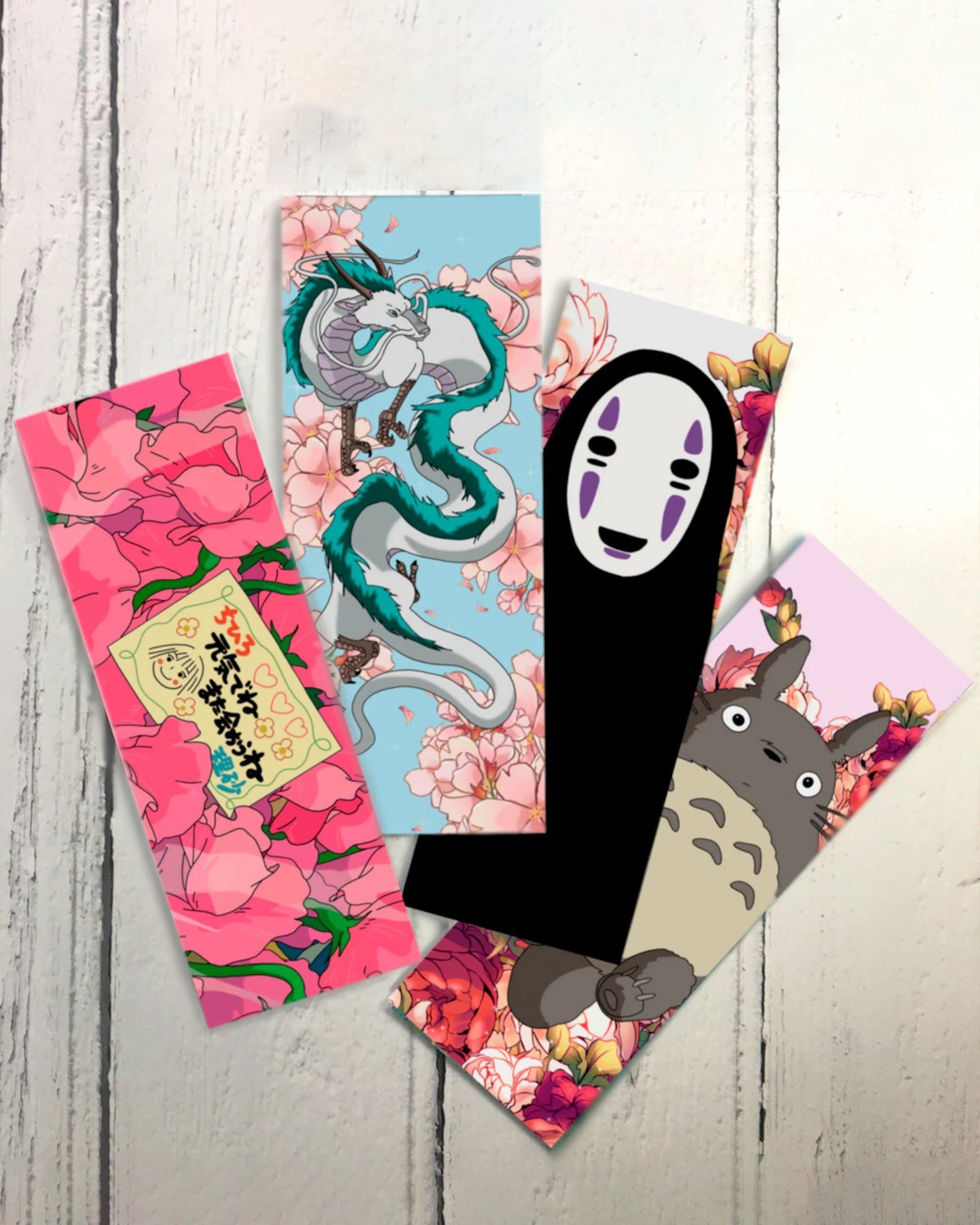 A series of four bookmarks featuring characters from Studio Ghibli films