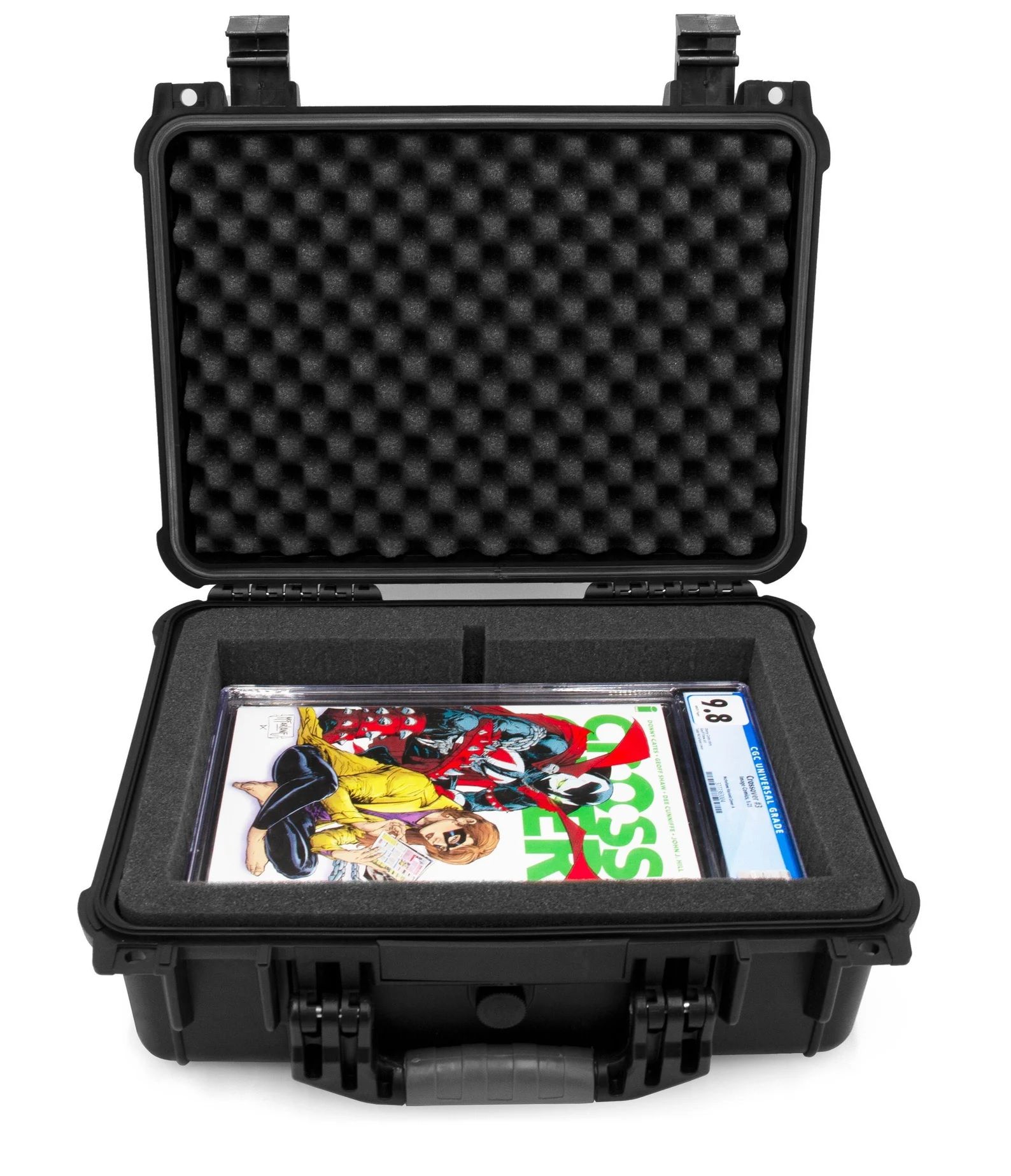 A black waterproof case containing a comic book