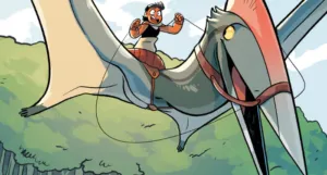cropped cover of Lost Time showing a kid riding a Pterosaur