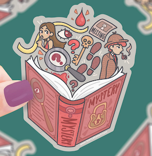 an illustrated sticker of an opened mystery book with doodles of tropes like a detective, skeleton key, magnifying glass